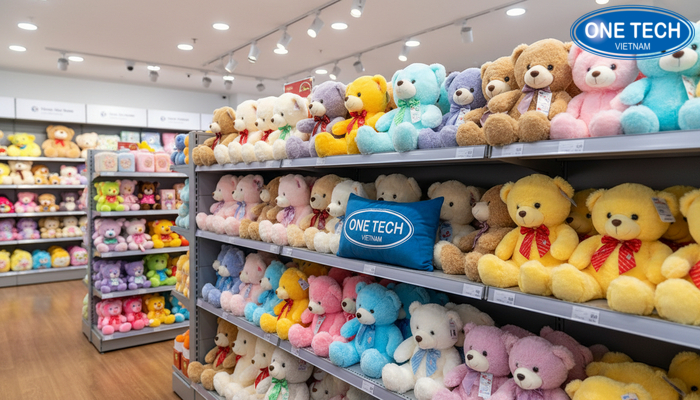 Không gian shop quà lưu niệm bố trí kệ trưng bày gấu bông gọn gàng và bắt mắt