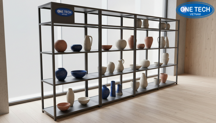 Tổng quan các kiểu kệ trưng bày gốm sứ phổ biến cho gia đình và showroom