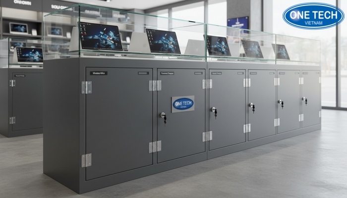 Kệ trưng bày laptop kết hợp ngăn tủ khóa để lưu trữ phụ kiện