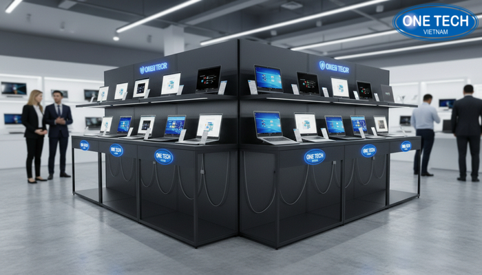 Tổng quan kệ trưng bày laptop trong showroom công nghệ