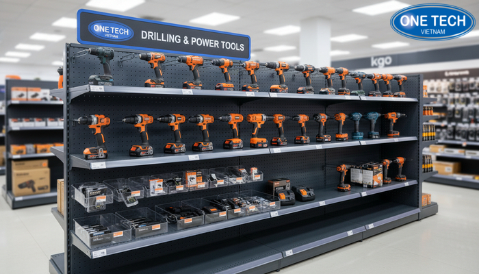 Kệ trưng bày máy khoan kết hợp khay phụ kiện và biển hiệu nhận diện khu vực
