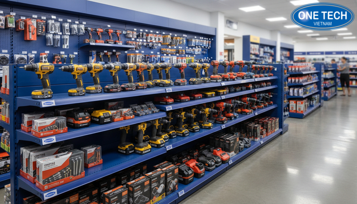 So sánh các loại kệ trưng bày máy khoan: kệ treo tường, kệ đứng đa tầng, kệ quảng cáo, kệ di động