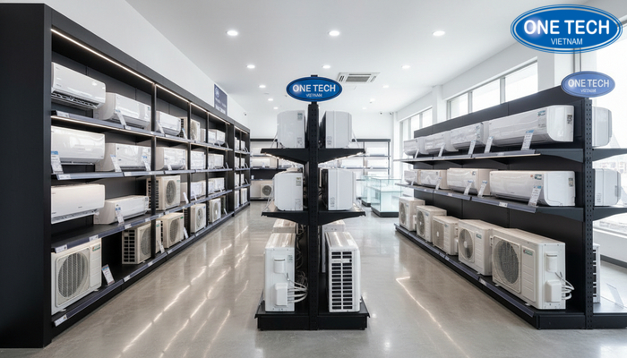 Kệ trưng bày điều hoà trong showroom điện máy Khu vực kệ trưng bày điều hoà trong showroom điện máy bố trí theo line