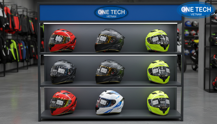 Kệ trưng bày mũ bảo hiểm tích hợp đèn LED tạo điểm nhấn