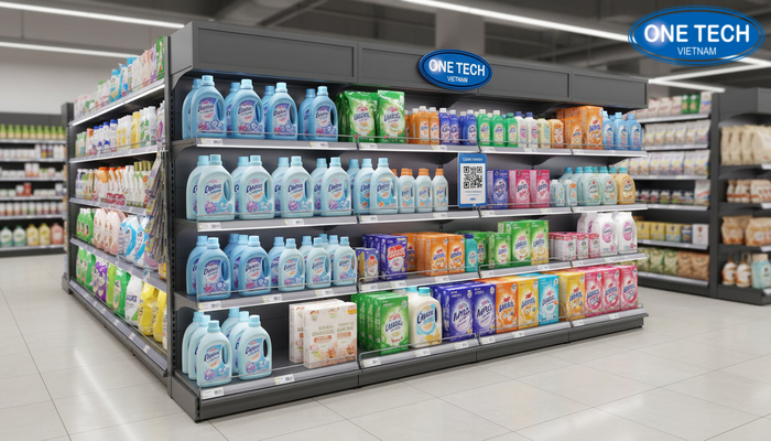 Kệ trưng bày nước giặt tích hợp công nghệ Kệ trưng bày tích hợp đèn led và QR code cho khu hàng giặt tẩy