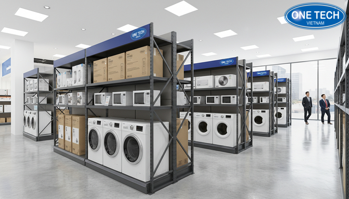Kệ trưng bày thiết bị điện tử điện lạnh Kệ trung tải trưng bày máy giặt và thùng điều hòa trong cửa hàng điện máy