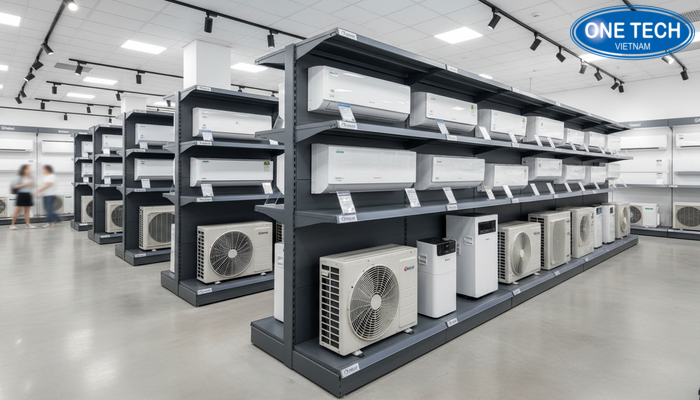 Bố trí kệ trưng bày điều hoà tối ưu không gian Khu trưng bày điều hoà bố trí khoa học, lối đi thoáng và dễ so sánh model