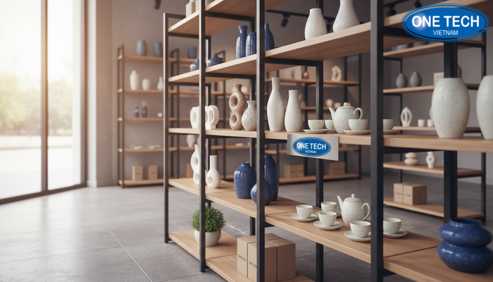 Minh họa kích thước kệ trưng bày cho bình hoa, tượng gốm và bộ ấm chén