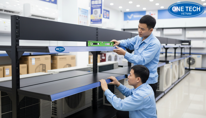Thi công kệ trưng bày điều hoà thực tế Lắp đặt khung kệ trưng bày điều hoà và kiểm tra độ vững