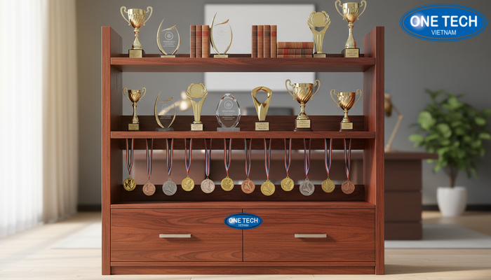 Kệ gỗ trưng bày huy chương Mẫu kệ gỗ trưng bày huy chương phối ngăn kéo gọn gàng