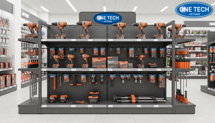 Mẫu kệ modular hiện đại cho kệ trưng bày máy khoan, dễ thay đổi tầng và phụ kiện