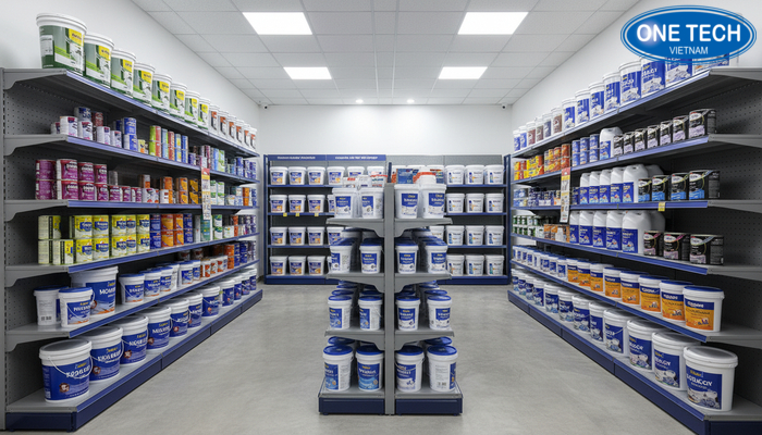 Mẫu thiết kế cửa hàng sơn hiện đại có kệ trưng bày chuyên dụng làm điểm nhấn