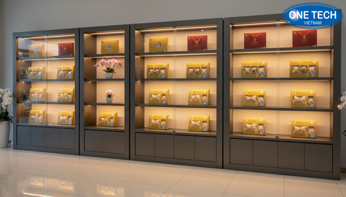 Mẫu thiết kế showroom yến sào đẹp với tủ kính và đèn LED