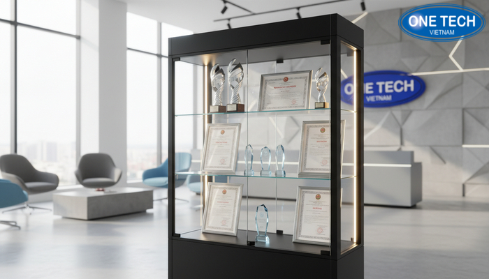 Tủ trưng bày bằng khen có đèn led Mẫu tủ kính có đèn LED trưng bày bằng khen và cúp