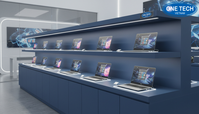 Mô hình kệ trưng bày laptop tích hợp LED, lưu trữ và khóa bảo mật