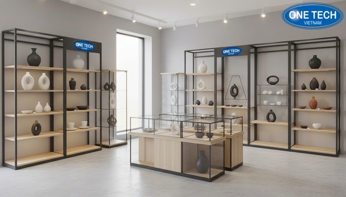 Phối cảnh showroom trưng bày gốm sứ với kệ đứng, tủ kính và kệ đảo