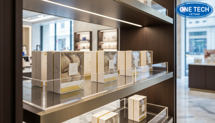 Phụ kiện đi kèm như khay trưng bày, nẹp bảo vệ kính, đèn LED cho kệ yến sào