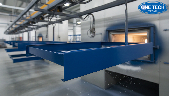 Gia công kệ trưng bày nước giặt Minh họa quy trình hoàn thiện bề mặt kệ sắt sơn tĩnh điện