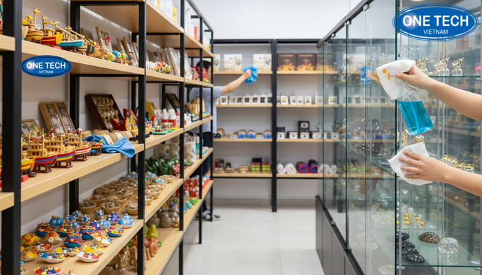 Bảo trì kệ trưng bày đồ lưu niệm Quy trình vệ sinh kệ gỗ, kính, kim loại trong cửa hàng lưu niệm