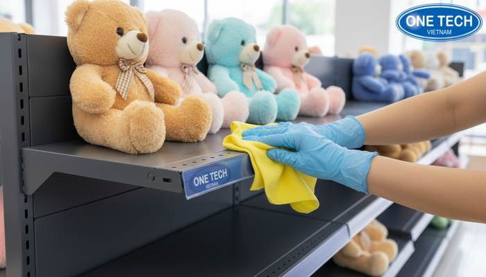 Minh họa quy trình vệ sinh kệ trưng bày gấu bông bằng khăn mềm và dung dịch phù hợp