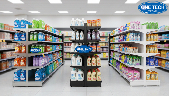 So sánh chất liệu kệ trưng bày nước giặt So sánh kệ inox, kệ sắt sơn tĩnh điện và kệ nhựa để trưng bày nước giặt