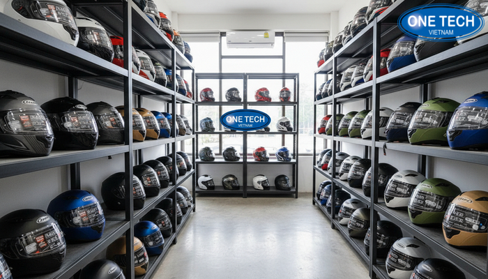 So sánh khu trưng bày mũ bảo hiểm có kệ và không có kệ