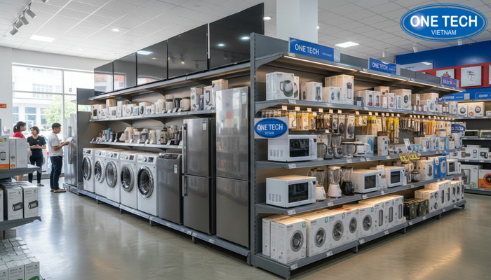 Thực tế thi công kệ OneTech tại Lâm Đồng Thi công kệ trưng bày đồ điện OneTech tại cửa hàng ở Lâm Đồng với bố cục lối đi rõ ràng