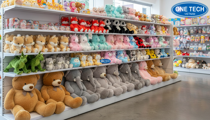 Bố trí tầng kệ theo size gấu bông giúp khách dễ chọn và shop dễ quản lý