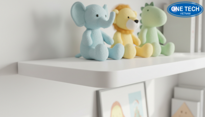 Cận cảnh bề mặt kệ an toàn, cạnh bo tròn phù hợp trưng bày gấu bông