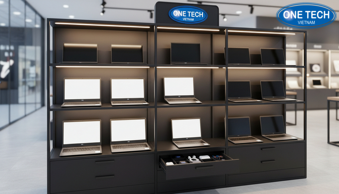 Tính năng kệ trưng bày laptop: LED, khóa bảo mật, ngăn tủ phụ kiện