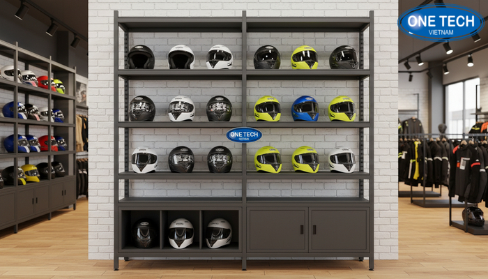 Tủ kệ đa năng giúp vừa trưng bày vừa lưu kho mũ bảo hiểm
