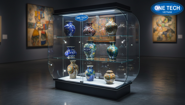 Tủ kính trưng bày gốm sứ có đèn LED làm nổi họa tiết và màu men