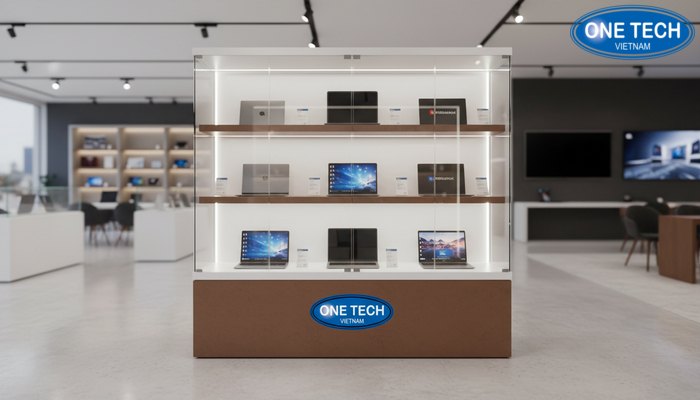 Tủ kính trưng bày laptop kích thước lớn 2m x 2m tông trắng nâu