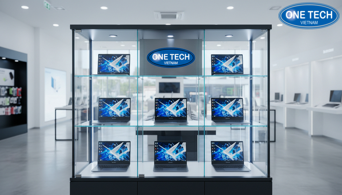 Tủ trưng bày laptop có đèn LED giúp sản phẩm nổi bật