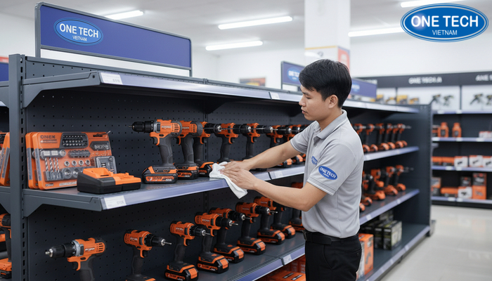 Các bước vệ sinh kệ trưng bày máy khoan: lau bụi, xử lý dầu mỡ, kiểm tra liên kết