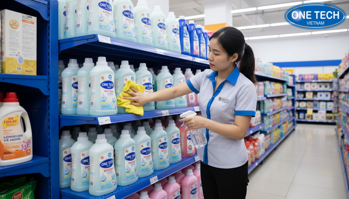 Bảo quản kệ trưng bày nước giặt Vệ sinh kệ trưng bày nước giặt bằng dung dịch trung tính và lau khô