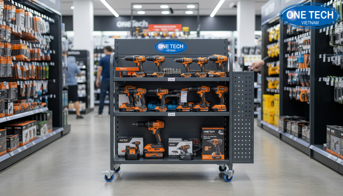 Xe đẩy kệ di động dùng cho trưng bày máy khoan linh hoạt, dễ thay đổi không gian