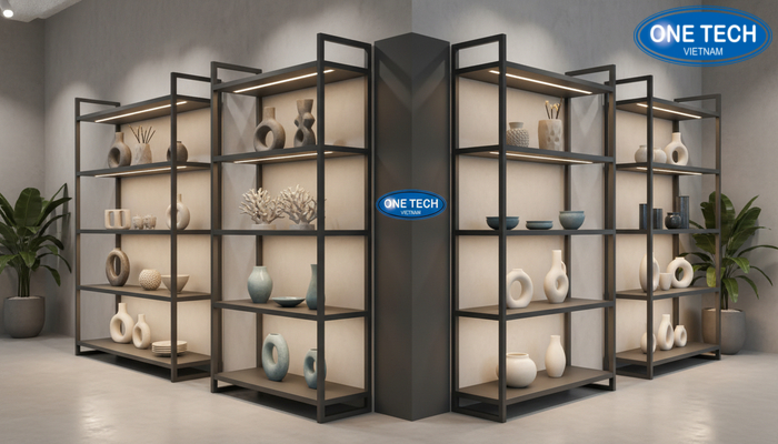 Ý tưởng trưng bày gốm sứ với đèn LED và điểm nhấn cây xanh