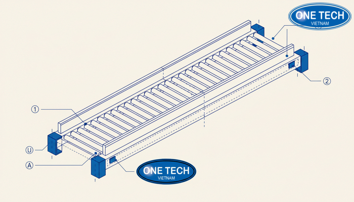 Bản vẽ kỹ thuật kệ con lăn Bản vẽ kỹ thuật mô tả lane con lăn, góc nghiêng, chặn an toàn và dẫn hướng