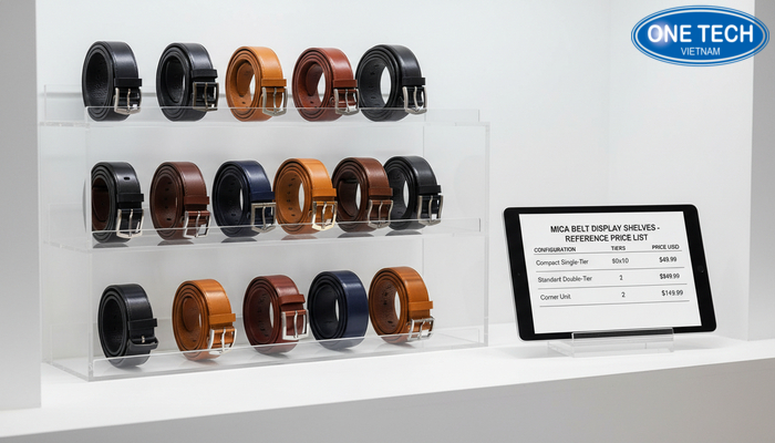 Bảng giá kệ trưng bày thắt lưng tại Lâm Đồng Bảng giá tham khảo kệ mica trưng bày thắt lưng theo kích thước và số tầng
