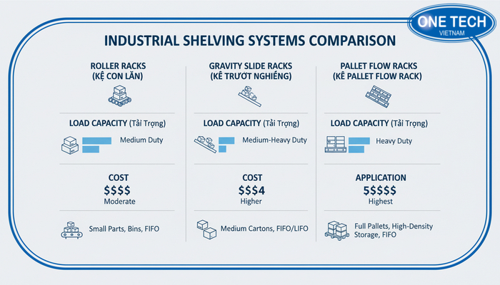 So sánh các dòng kệ lưu kho theo luồng Bảng so sánh kệ con lăn, kệ trượt nghiêng và kệ pallet flow rack theo tải trọng, chi phí và ứng dụng
