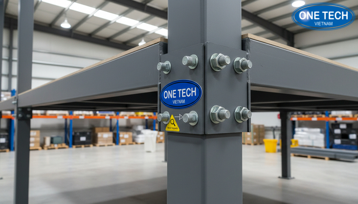 Biển tải trọng và vị trí cần kiểm tra mối nối bulong trên kệ nâng sàn lưu trữ