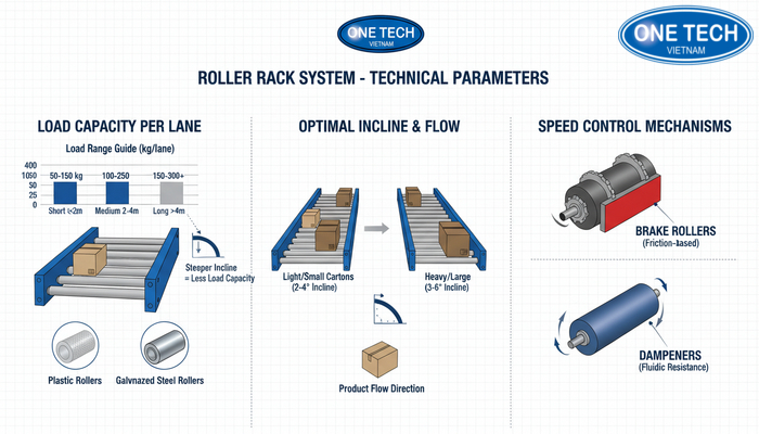 Biểu đồ tải trọng tham chiếu kệ con lăn Biểu đồ minh họa dải tải trọng tham chiếu và yếu tố ảnh hưởng như chiều dài lane, loại con lăn