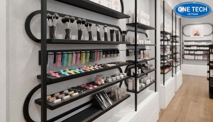 Bố trí kệ móc treo phụ kiện cho cửa hàng mỹ phẩm gọn và dễ tìm