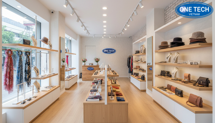 Ví dụ bố trí kệ móc treo phụ kiện trong shop thời trang tối ưu lối đi