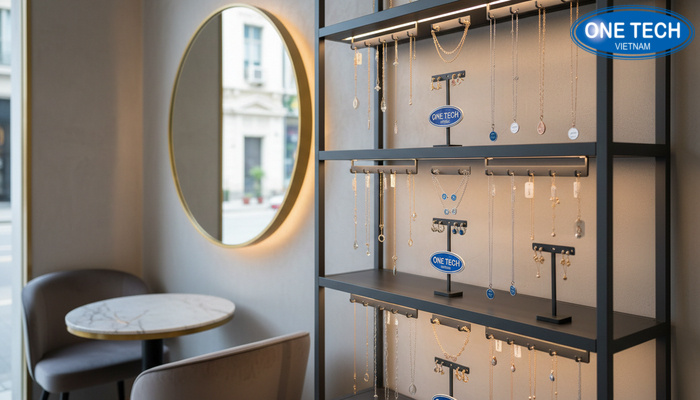 Ví dụ bố trí giá kệ treo phụ kiện trang sức gần gương và khu trải nghiệm