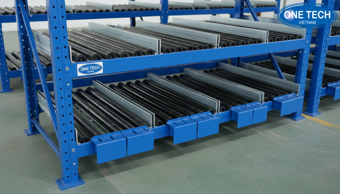 Cấu tạo kệ con lăn carton flow rack Minh họa cấu tạo kệ con lăn gồm khung thép, ray con lăn, dẫn hướng và chặn an toàn