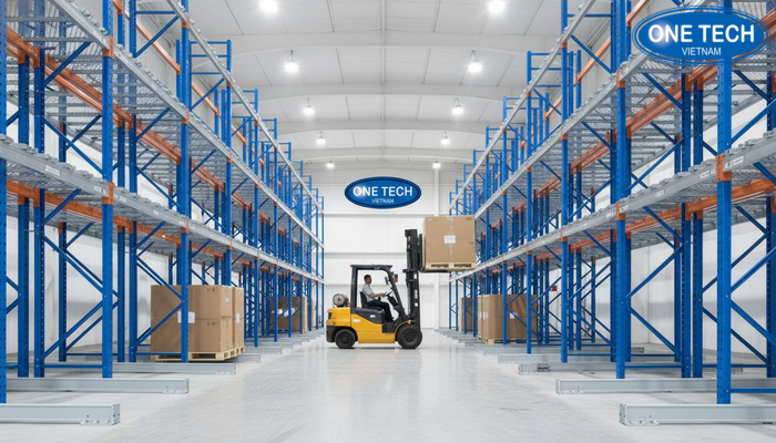 Cấu trúc kệ drive in với ray dẫn pallet và đường hầm xe nâng