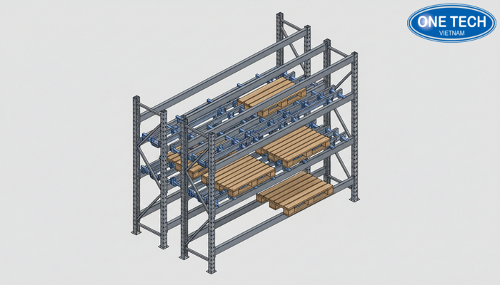 Cấu tạo kệ Push Back gồm khung cột, beam và hệ ray đẩy lùi