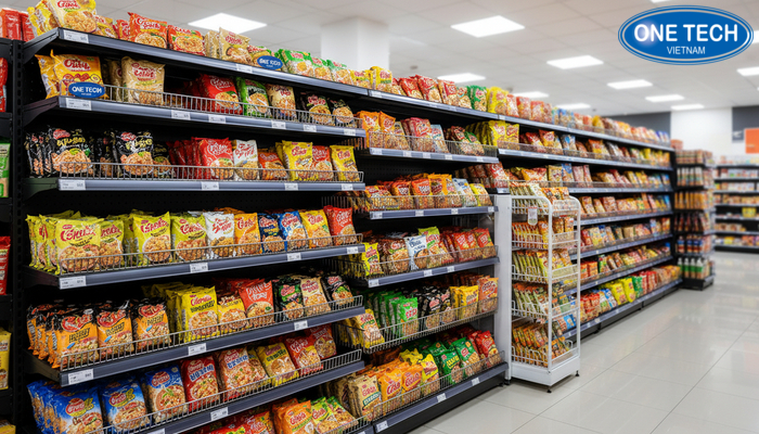 Minh họa chất liệu kệ rổ mì gồm thép sơn tĩnh điện inox và nhựa ABS